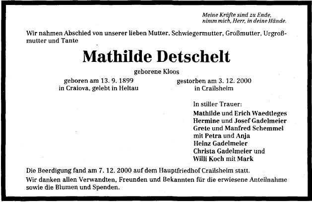 Kloos Mathilde 1899-2000 Todesanzeige